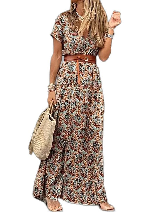 Elegant Floral Maxi Dress for Women with V Neck Short Sleeve Belted Flowing Vacation Style
