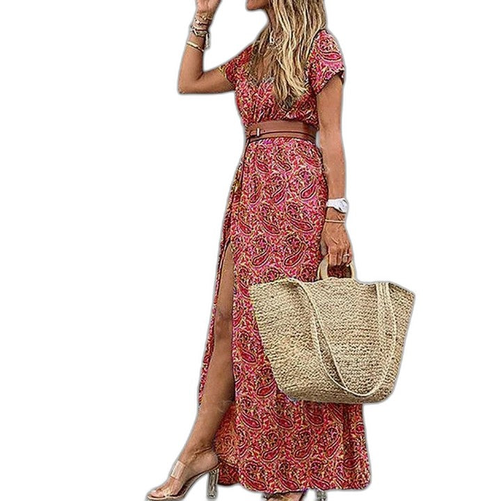 Elegant Floral Maxi Dress for Women with V Neck Short Sleeve Belted Flowing Vacation Style