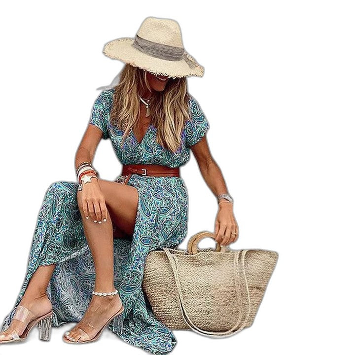 Elegant Floral Maxi Dress for Women with V Neck Short Sleeve Belted Flowing Vacation Style