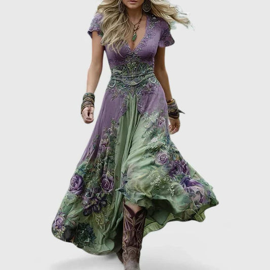 Elegant Floral Maxi Dress for Women with V Neck Short Sleeve Flowing Fit And Flare Party Style