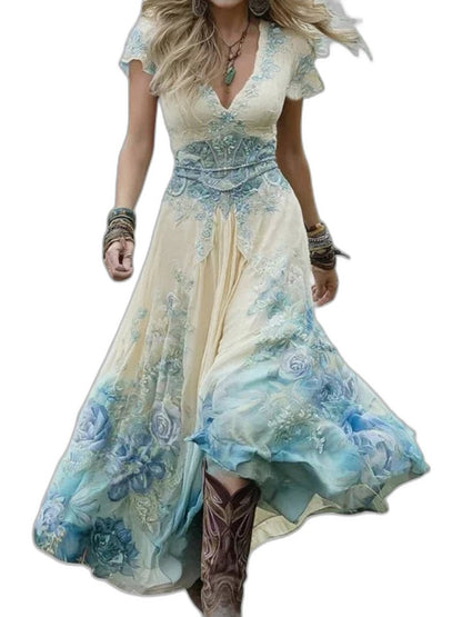 Elegant Floral Maxi Dress for Women with V Neck Short Sleeve Flowing Fit And Flare Party Style