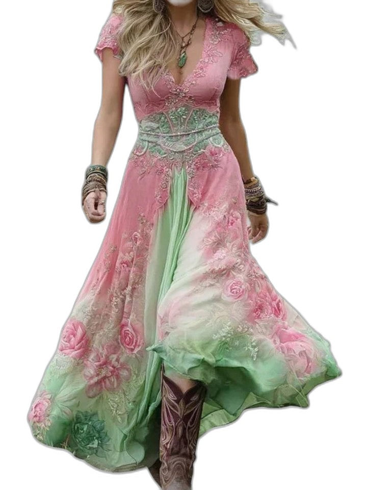 Elegant Floral Maxi Dress for Women with V Neck Short Sleeve Flowing Fit And Flare Party Style