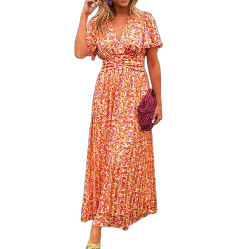 Elegant Floral Maxi Dress for Women with V Neck Short Sleeve Tiered Belted Flowing Vacation Style