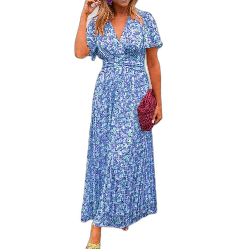 Elegant Floral Maxi Dress for Women with V Neck Short Sleeve Tiered Belted Flowing Vacation Style