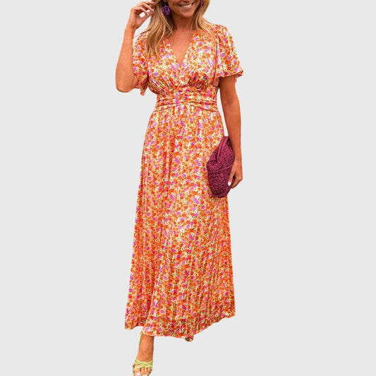 Elegant Floral Maxi Dress for Women with V Neck Short Sleeve Tiered Belted Flowing Vacation Style