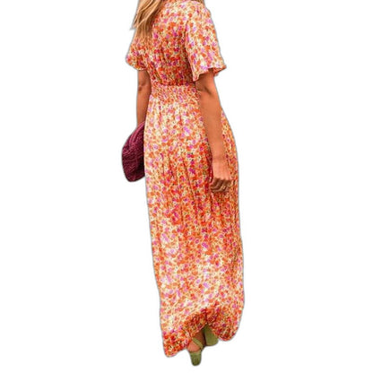 Elegant Floral Maxi Dress for Women with V Neck Short Sleeve Tiered Belted Flowing Vacation Style