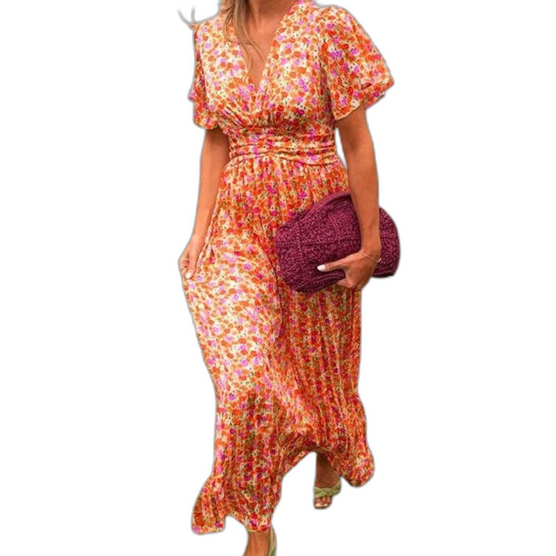 Elegant Floral Maxi Dress for Women with V Neck Short Sleeve Tiered Belted Flowing Vacation Style