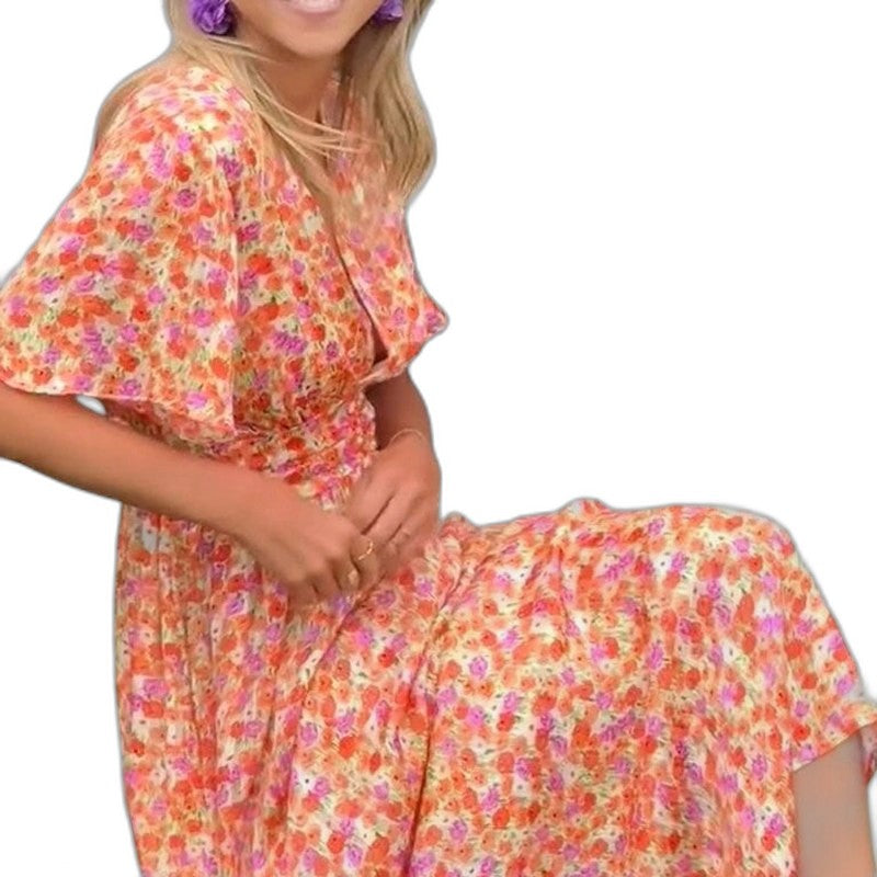 Elegant Floral Maxi Dress for Women with V Neck Short Sleeve Tiered Belted Flowing Vacation Style