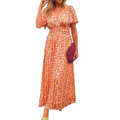 Elegant Floral Maxi Dress for Women with V Neck Short Sleeve Tiered Belted Flowing Vacation Style