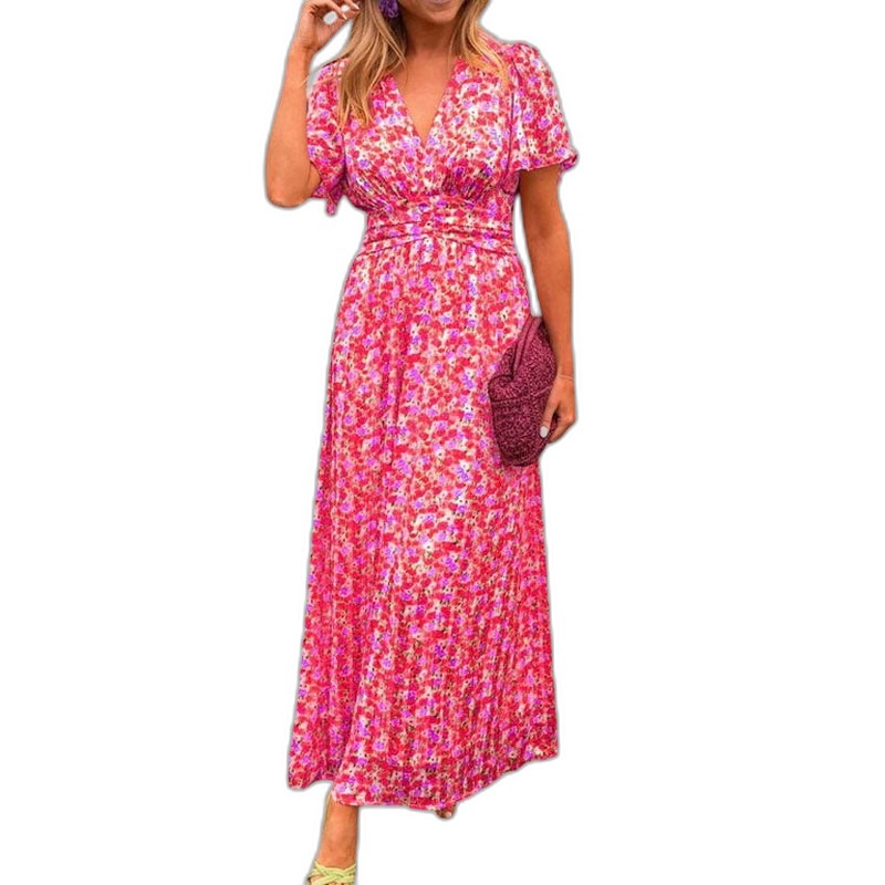 Elegant Floral Maxi Dress for Women with V Neck Short Sleeve Tiered Belted Flowing Vacation Style