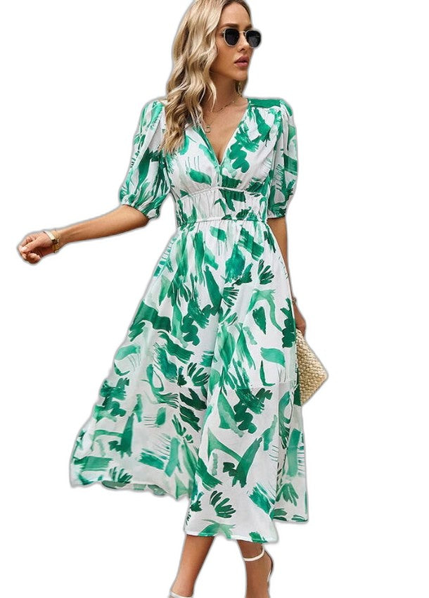 Elegant Floral Maxi Dress for Women with V Neck Short Sleeve Tiered Flowing Vacation Style