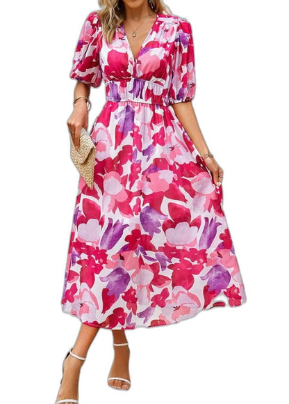 Elegant Floral Maxi Dress for Women with V Neck Short Sleeve Tiered Flowing Vacation Style
