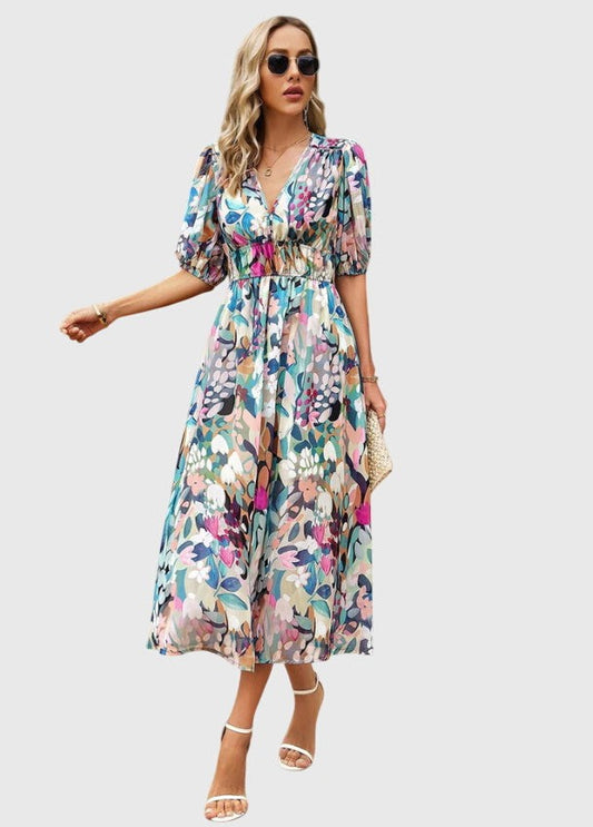 Elegant Floral Maxi Dress for Women with V Neck Short Sleeve Tiered Flowing Vacation Style