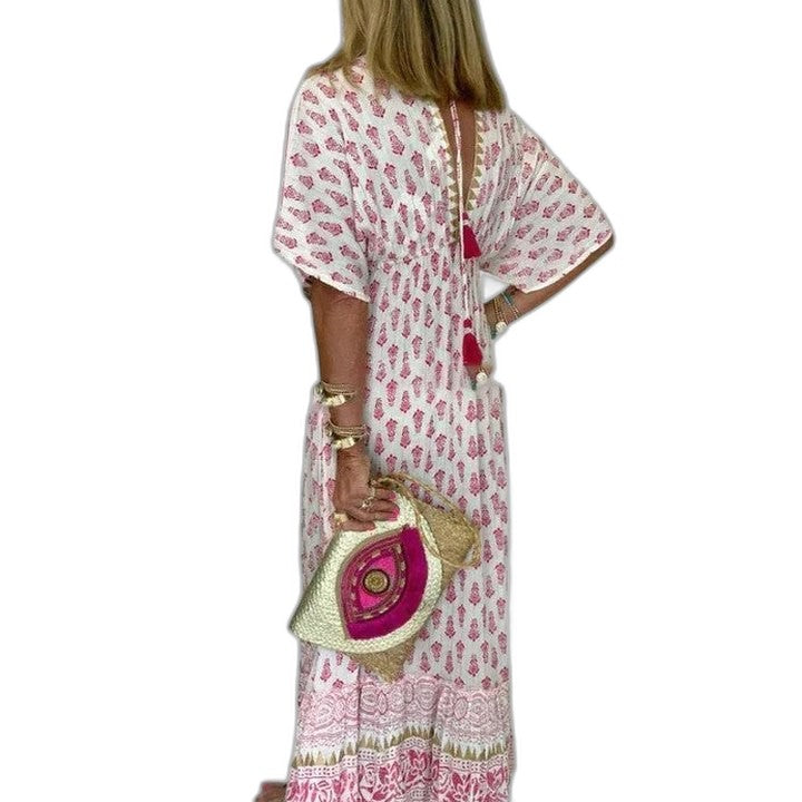 Elegant Floral Maxi Dress for Women with V Neck Short Sleeve Tiered Flowing Vacation Style