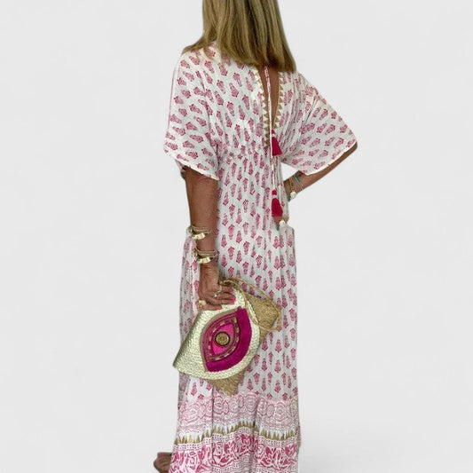Elegant Floral Maxi Dress for Women with V Neck Short Sleeve Tiered Flowing Vacation Style
