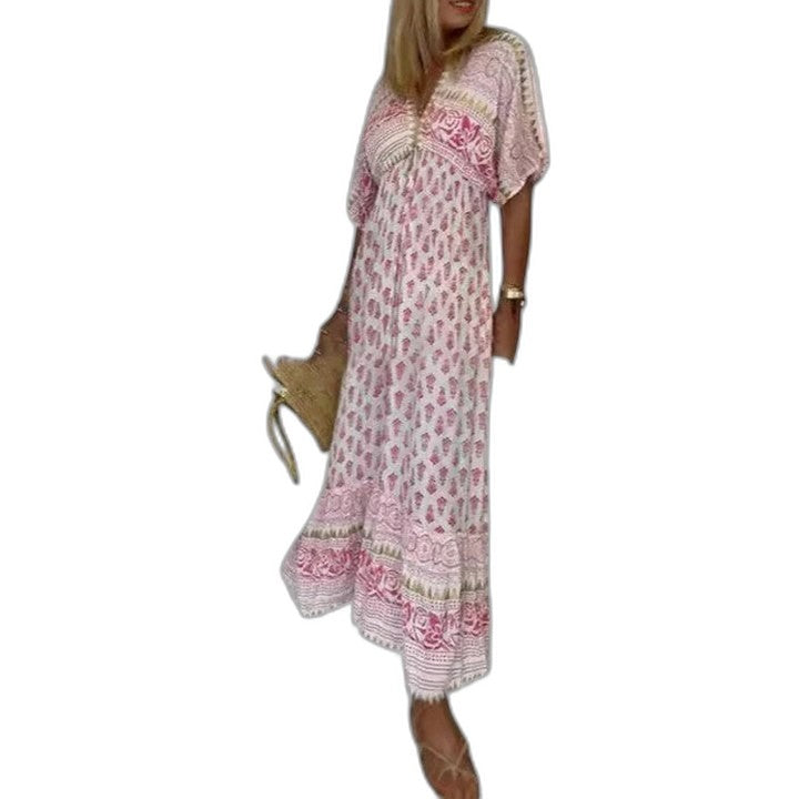 Elegant Floral Maxi Dress for Women with V Neck Short Sleeve Tiered Flowing Vacation Style