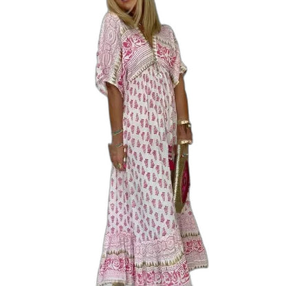 Elegant Floral Maxi Dress for Women with V Neck Short Sleeve Tiered Flowing Vacation Style