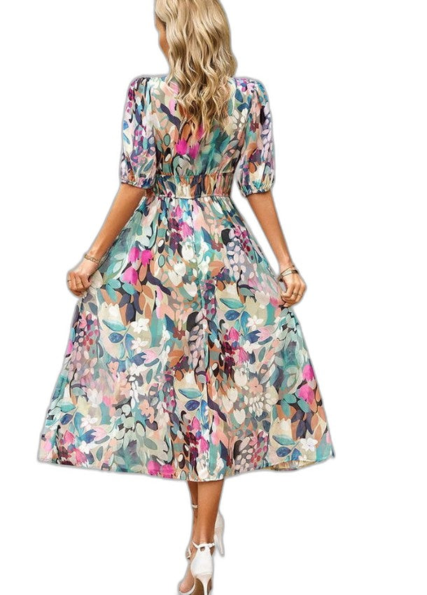 Elegant Floral Maxi Dress for Women with V Neck Short Sleeve Tiered Flowing Vacation Style