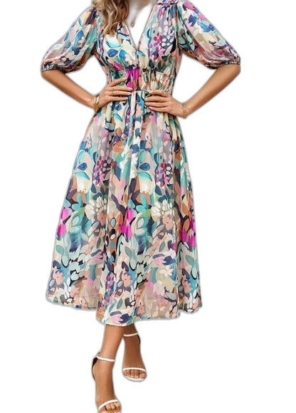 Elegant Floral Maxi Dress for Women with V Neck Short Sleeve Tiered Flowing Vacation Style