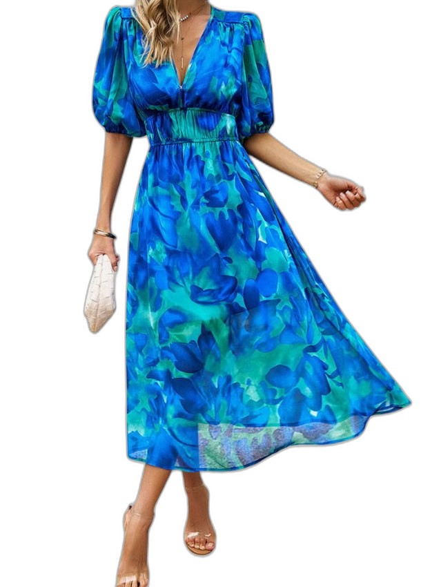 Elegant Floral Maxi Dress for Women with V Neck Short Sleeve Tiered Flowing Vacation Style