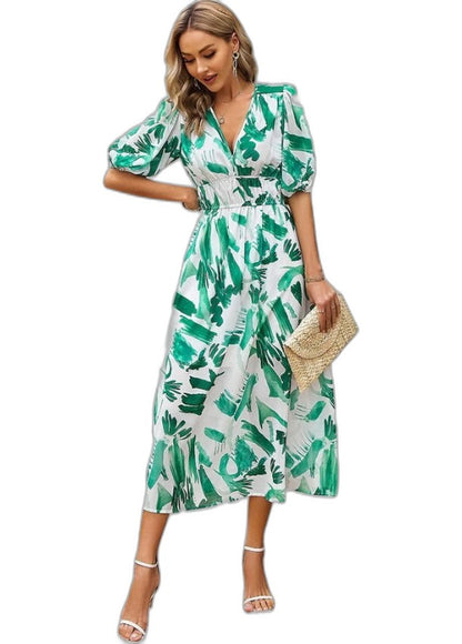 Elegant Floral Maxi Dress for Women with V Neck Short Sleeve Tiered Flowing Vacation Style