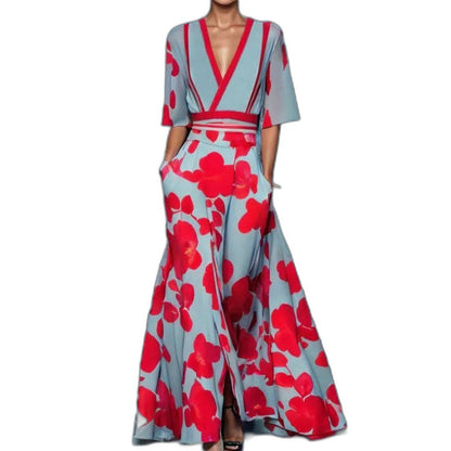 Elegant Floral Maxi Dress for Women with V Neck Short Sleeve Wrap Belted Fit And Flare Party Style