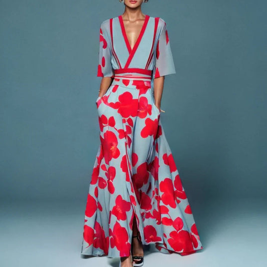 Elegant Floral Maxi Dress for Women with V Neck Short Sleeve Wrap Belted Fit And Flare Party Style