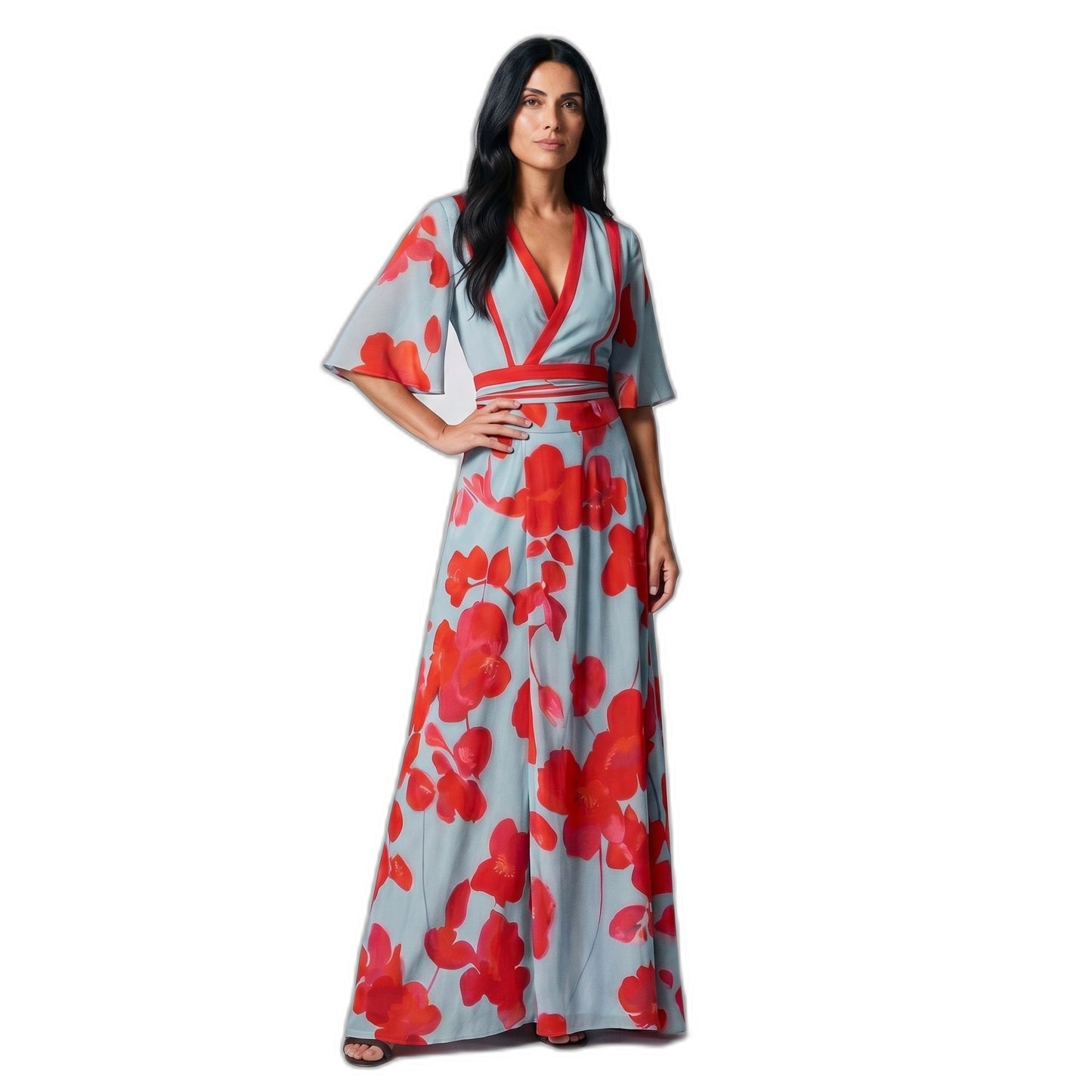 Elegant Floral Maxi Dress for Women with V Neck Short Sleeve Wrap Belted Fit And Flare Party Style