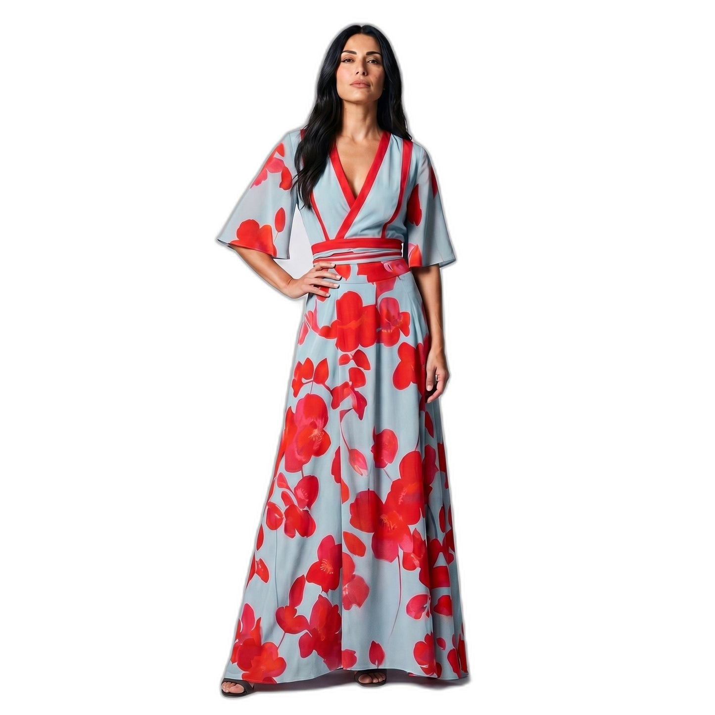 Elegant Floral Maxi Dress for Women with V Neck Short Sleeve Wrap Belted Fit And Flare Party Style
