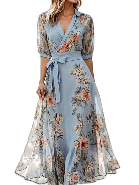Elegant Floral Maxi Dress for Women with V Neck Short Sleeve Wrap Belted Flowing Formal Wedding Guest Style