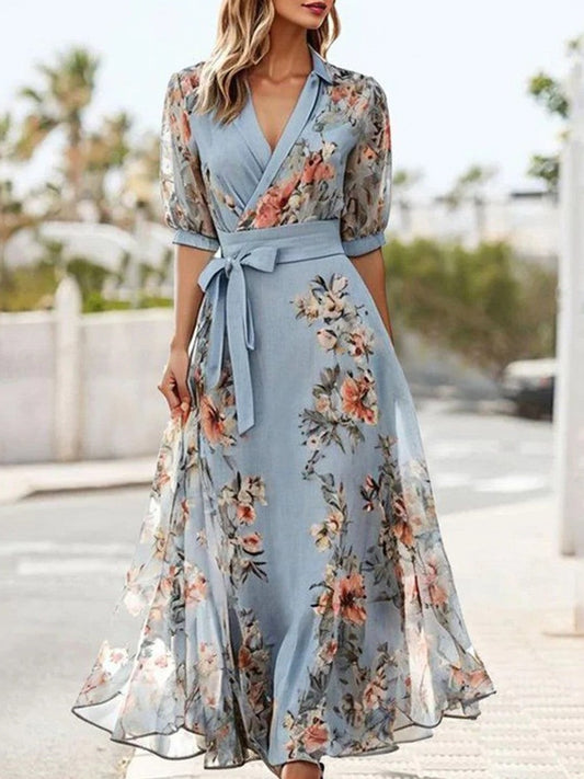 Elegant Floral Maxi Dress for Women with V Neck Short Sleeve Wrap Belted Flowing Formal Wedding Guest Style