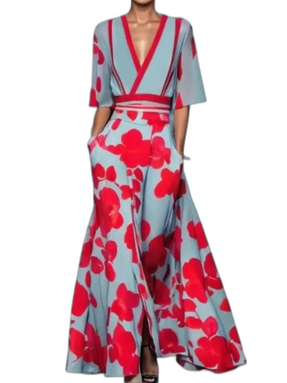 Elegant Floral Maxi Dress for Women with V Neck Short Sleeve Wrap Belted Flowing Party Style