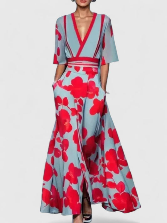 Elegant Floral Maxi Dress for Women with V Neck Short Sleeve Wrap Belted Flowing Party Style