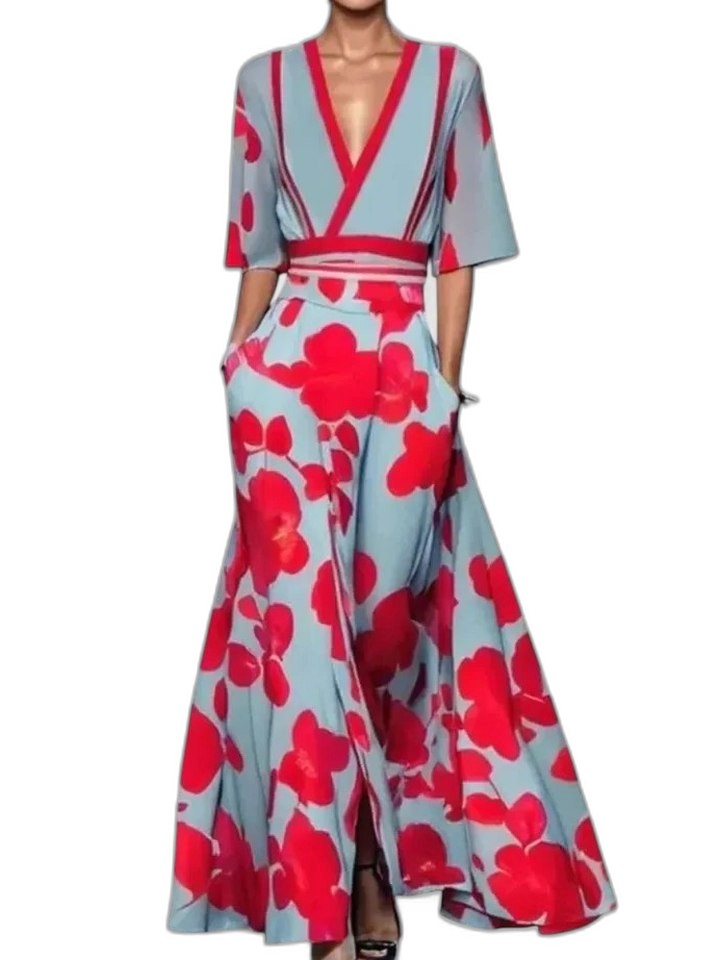 Elegant Floral Maxi Dress for Women with V Neck Short Sleeve Wrap Belted Flowing Party Style