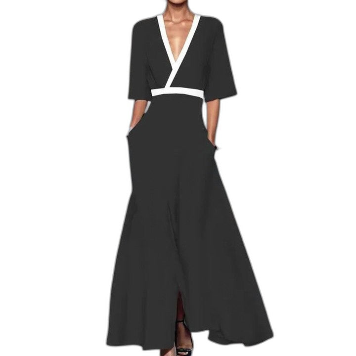 Elegant Floral Maxi Dress for Women with V Neck Short Sleeve Wrap Belted Flowing Party Style
