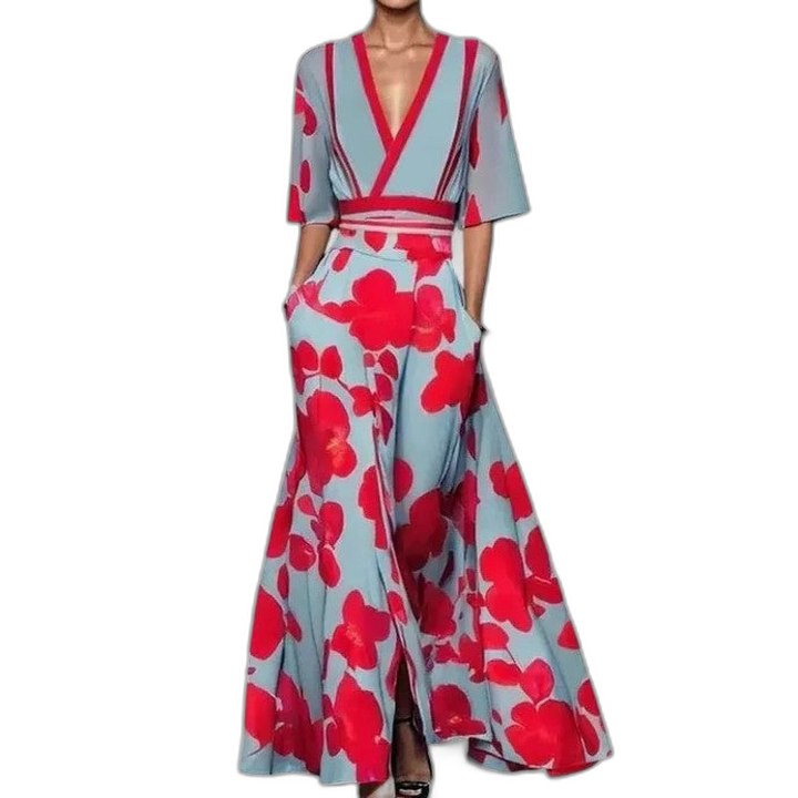 Elegant Floral Maxi Dress for Women with V Neck Short Sleeve Wrap Belted Flowing Party Style