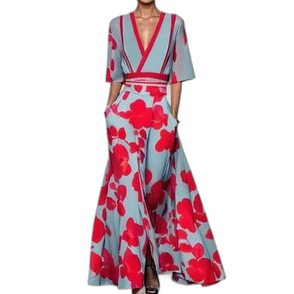 Elegant Floral Maxi Dress for Women with V Neck Short Sleeve Wrap Belted Flowing Party Style