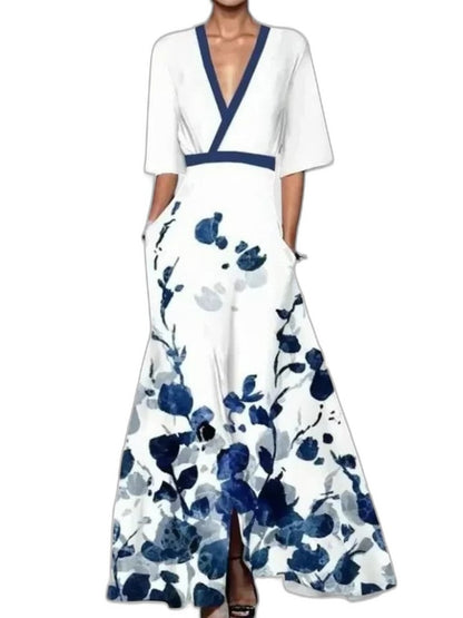 Elegant Floral Maxi Dress for Women with V Neck Short Sleeve Wrap Belted Flowing Party Style