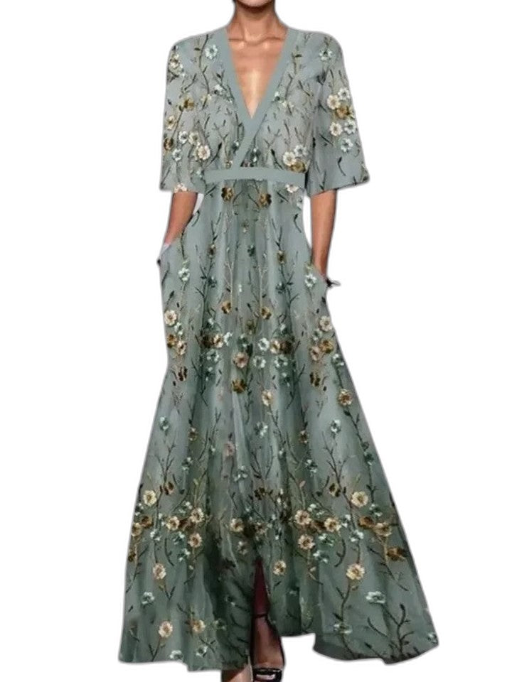 Elegant Floral Maxi Dress for Women with V Neck Short Sleeve Wrap Belted Flowing Party Style