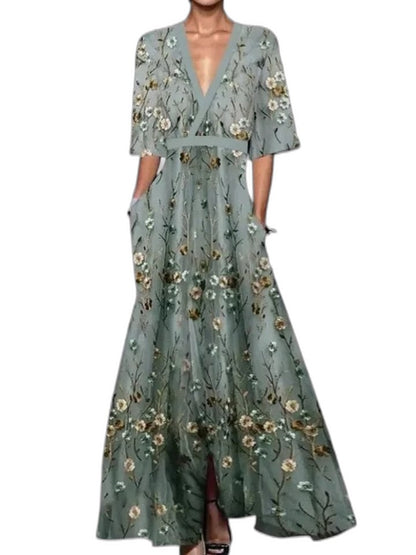 Elegant Floral Maxi Dress for Women with V Neck Short Sleeve Wrap Belted Flowing Party Style