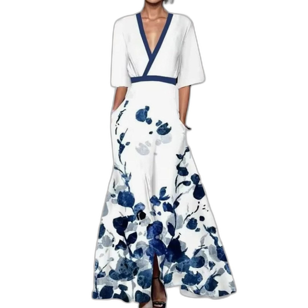 Elegant Floral Maxi Dress for Women with V Neck Short Sleeve Wrap Flowing Formal Wedding Guest Style