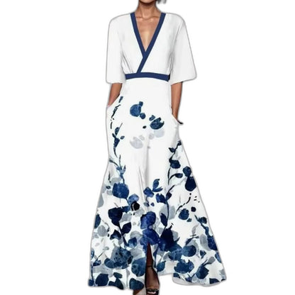 Elegant Floral Maxi Dress for Women with V Neck Short Sleeve Wrap Flowing Formal Wedding Guest Style