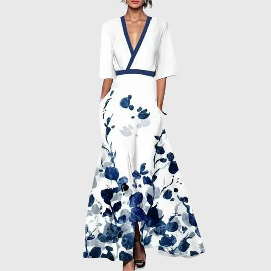Elegant Floral Maxi Dress for Women with V Neck Short Sleeve Wrap Flowing Formal Wedding Guest Style