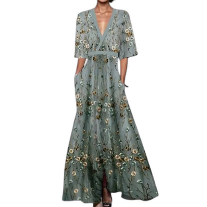 Elegant Floral Maxi Dress for Women with V Neck Short Sleeve Wrap Flowing Formal Wedding Guest Style