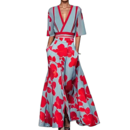 Elegant Floral Maxi Dress for Women with V Neck Short Sleeve Wrap Flowing Formal Wedding Guest Style
