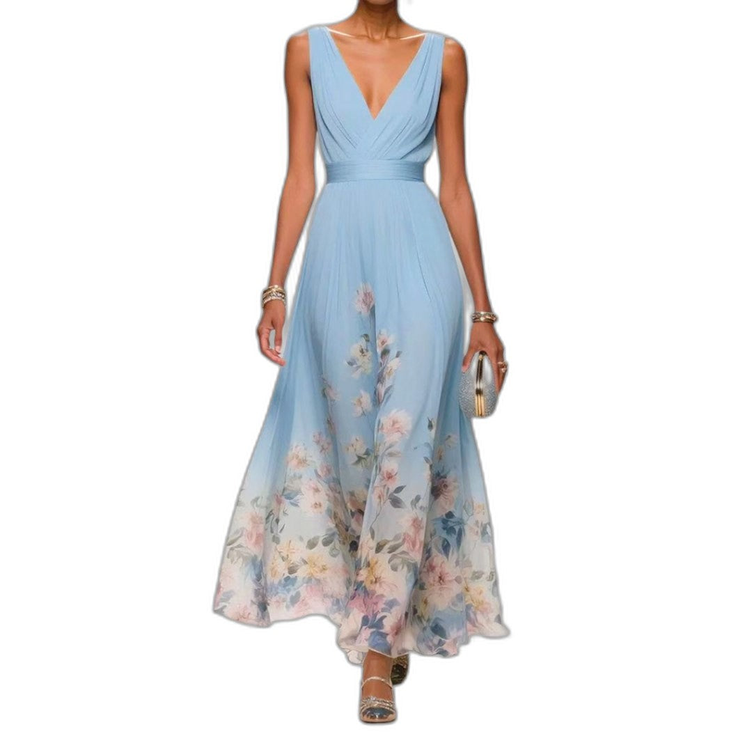 Elegant Floral Maxi Dress for Women with V Neck Sleeveless A Line Flowing Formal Wedding Guest Style