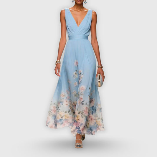 Elegant Floral Maxi Dress for Women with V Neck Sleeveless A Line Flowing Formal Wedding Guest Style