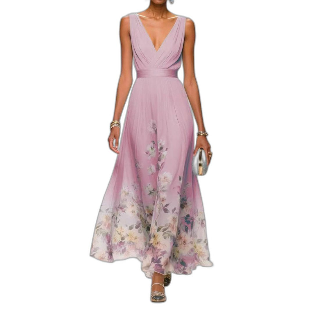 Elegant Floral Maxi Dress for Women with V Neck Sleeveless A Line Flowing Formal Wedding Guest Style