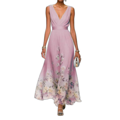 Elegant Floral Maxi Dress for Women with V Neck Sleeveless A Line Flowing Formal Wedding Guest Style