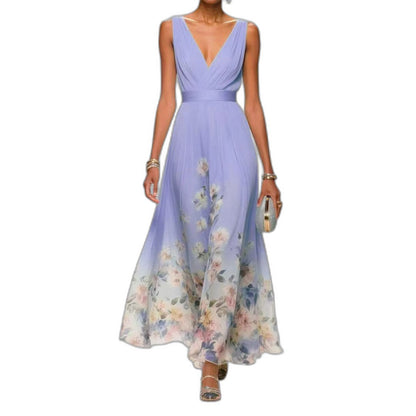 Elegant Floral Maxi Dress for Women with V Neck Sleeveless A Line Flowing Formal Wedding Guest Style